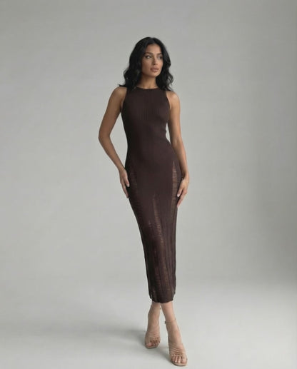 Vesper Midi Dress featuring a dark brown bodycon fit and sleek sleeveless design from Lauven, exuding modern minimalism.