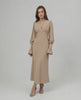 Sienna Midi Dress in beige, long sleeve A-line design by Lauven, featuring a V-neckline and sculpted high waist for elegance.
