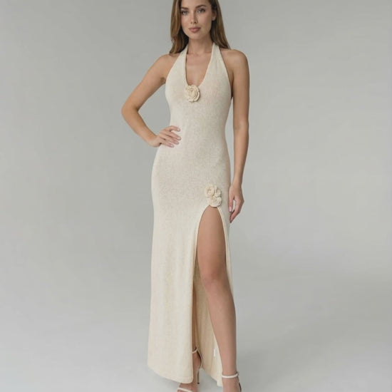 Sienna Maxi Dress - Cream halter dress with floral details and high slit by Lauven, perfect for modern occasions.