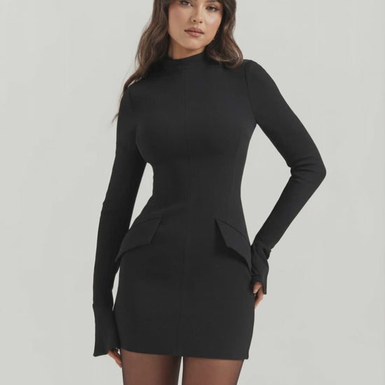 Noiré Mini Dress black bodycon fit with high mock neck and long sleeves by Lauven, designed for a sleek, modern look.