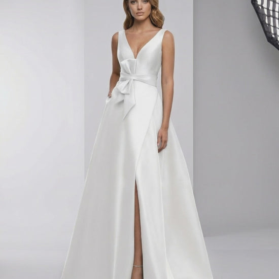 Elara Maxi Dress - White Satin A-Line V-Neck Dress with Bow, showcasing modern elegance by Lauven.