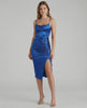 Orion Midi Dress – Royal blue satin dress with cowl neck, ruched detail, and a chic silhouette by Lauven.