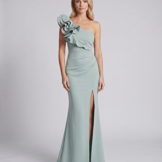 Aurelium Maxi Dress with one-shoulder design, smooth stretch fabric, sculptural detailing by Lauven.