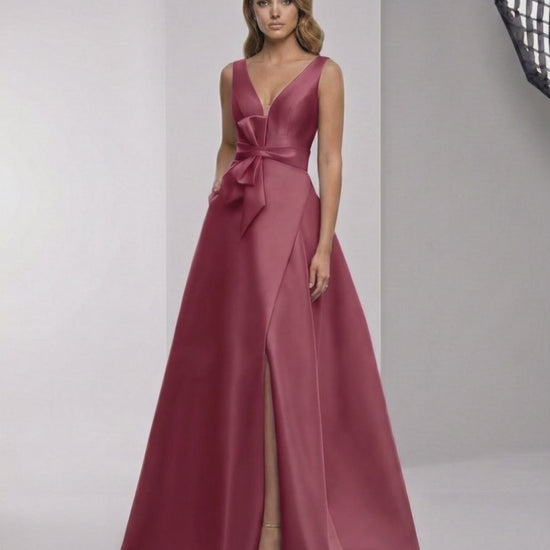 Virelle Maxi Dress - Satin A-Line Evening Maxi Dress with Wrap Slit by Lauven in deep red, elegant and modern design.