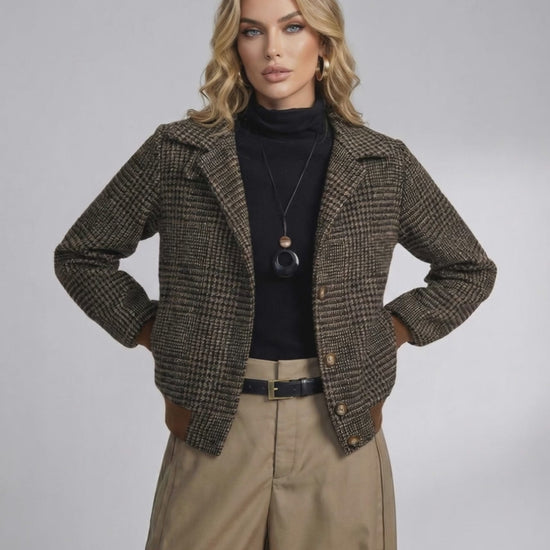 Cambridge Jacket by Lauven – Women’s plaid jacket featuring lapel collar and classic style.