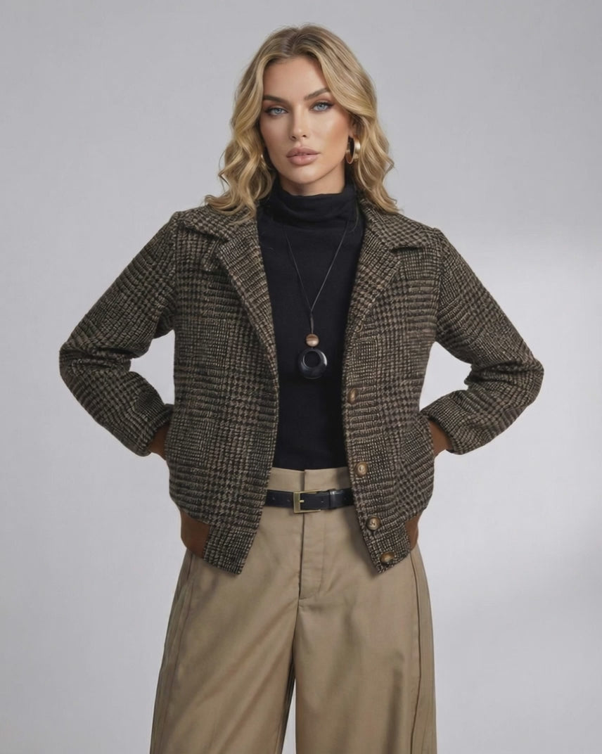 Cambridge Jacket by Lauven – Women’s plaid jacket featuring lapel collar and classic style.
