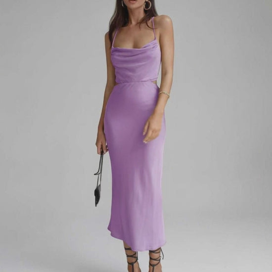 Vega Midi Dress in elegant lilac, sleeveless design with cowl neckline, by Lauven, perfect for special occasions.