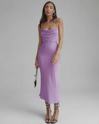 Vega Midi Dress in elegant lilac, sleeveless design with cowl neckline, by Lauven, perfect for special occasions.