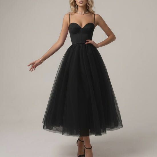 Noiré Midi Dress by Lauven - Elegant black strapless dress with corset bodice and tulle skirt.