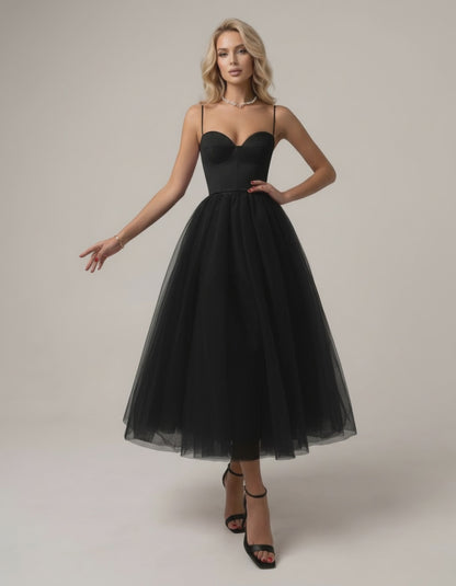 Noiré Midi Dress by Lauven - Elegant black strapless dress with corset bodice and tulle skirt.
