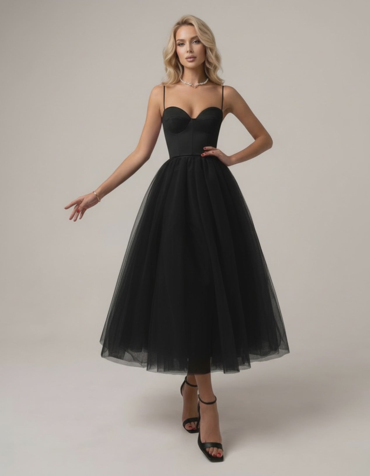 Noiré Midi Dress by Lauven - Elegant black strapless dress with corset bodice and tulle skirt.