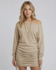 Aurora Mini Dress by Lauven in soft beige with adjustable side drawstrings, stylish and modern.