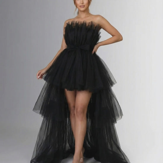 Celeste Maxi Dress by Lauven – Strapless sheath dress with flowing tulle overlay for an elegant evening look.