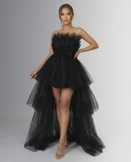 Celeste Maxi Dress by Lauven – Strapless sheath dress with flowing tulle overlay for an elegant evening look.