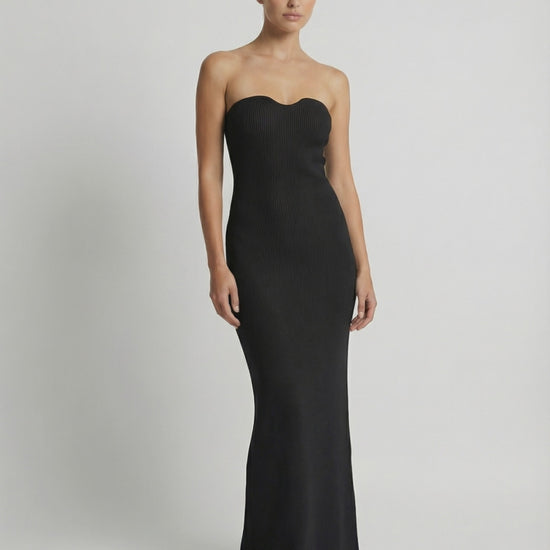 Noir Maxi Dress by Lauven: Strapless black slim fit ankle-length dress showcasing a sleek silhouette.
