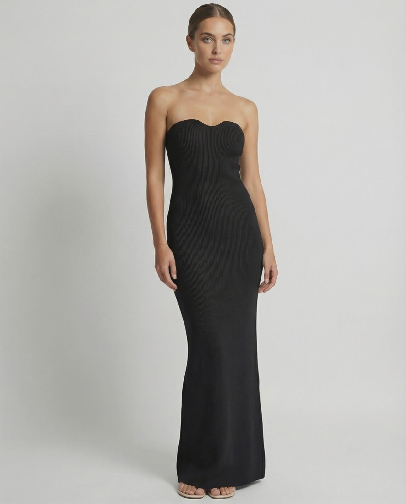 Noir Maxi Dress by Lauven: Strapless black slim fit ankle-length dress showcasing a sleek silhouette.