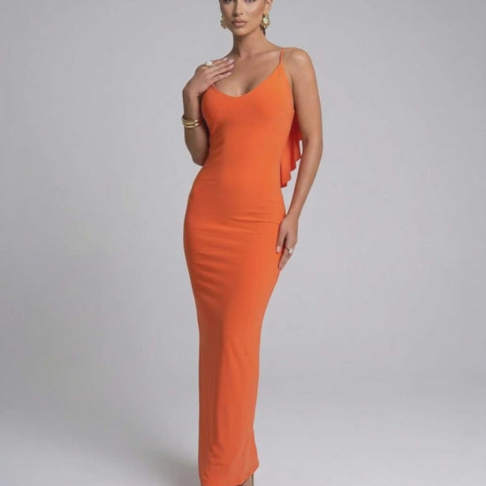 Celeste Maxi Dress by Lauven - Elegant orange spaghetti strap silhouette in sleek ankle-length design.