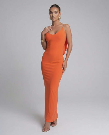 Celeste Maxi Dress by Lauven - Elegant orange spaghetti strap silhouette in sleek ankle-length design.