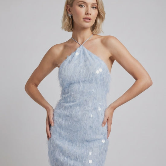 Lunelle Mini Dress with halter neck, textured surface, sequins, and bodycon silhouette from Lauven brand.