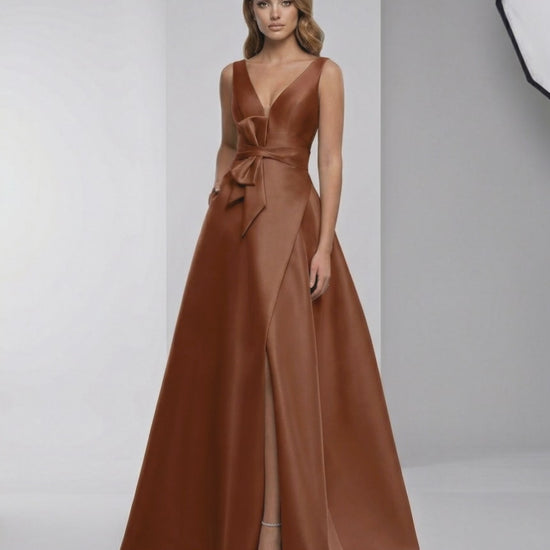 Valencia Maxi Dress - Satin A-Line V-Neck Floor-Length Evening Dress by Lauven in rich rust tone.