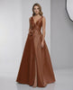 Valencia Maxi Dress - Satin A-Line V-Neck Floor-Length Evening Dress by Lauven in rich rust tone.