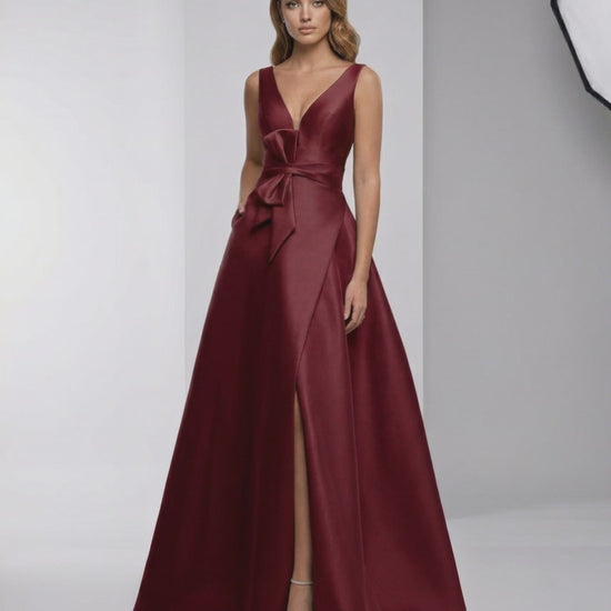 Valencia Maxi Dress - Burgundy Satin A-Line V-Neck Evening Dress by Lauven, featuring elegant silhouette and refined shine.