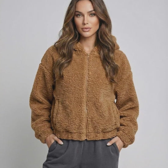 Sienna Jacket by Lauven – Women's brown fleece jacket with hood, modern zip up style.