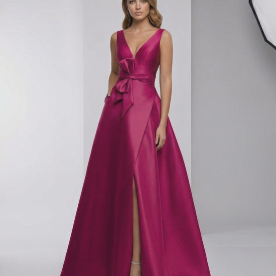 Calypso Maxi Dress - Fuchsia Satin Floor-Length Dress with V-Neck and A-Line Silhouette by Lauven