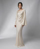 Liora Maxi Dress by Lauven, featuring a flowing silhouette, elegant bell sleeves, and luxurious satin fabric.