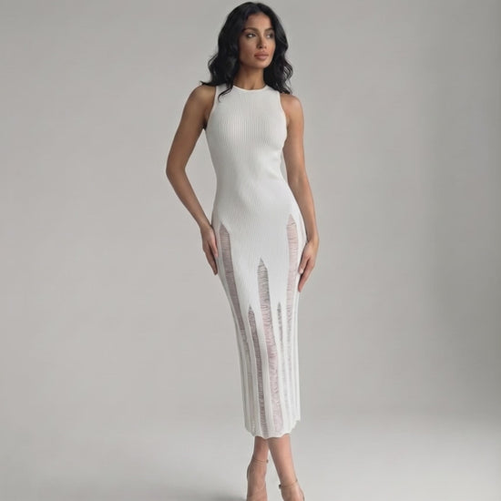 Alba Midi Dress - Elegant white bodycon design with a sleeveless silhouette from Lauven, enhancing modern sophistication.