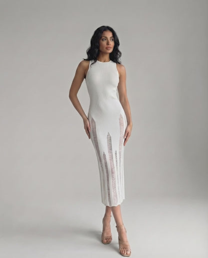 Alba Midi Dress - Elegant white bodycon design with a sleeveless silhouette from Lauven, enhancing modern sophistication.