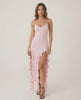 Seren Midi Dress by Lauven in Soft Pink with Ruffle Trim, showcasing feminine elegance and modern sophistication.