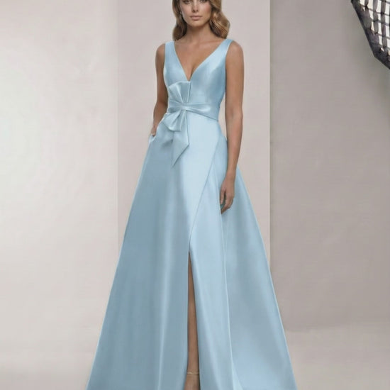 Aurevia Maxi Dress – Satin A-Line blue dress with V-neck, bow detail, and elegant floor-length skirt by Lauven.