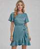 Lauven Luna Mini Dress featuring soft satin finish, ruffle hem, and teal shade, perfect for spring and summer.