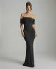 Noir Maxi Dress by Lauven — Elegant off-shoulder silhouette in classic black, showcasing sleek and smooth fabric.