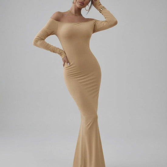 Lauven Vesper Maxi Dress in neutral beige, featuring an elegant off-shoulder silhouette and smooth stretch fabric.