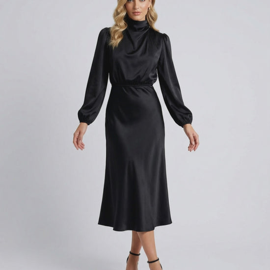 Lauven Monaco Midi Dress in black satin, high neck, elegant long sleeves, perfect for day to evening wear.