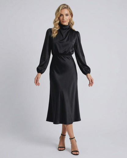 Lauven Monaco Midi Dress in black satin, high neck, elegant long sleeves, perfect for day to evening wear.