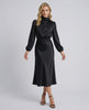 Lauven Monaco Midi Dress in black satin, high neck, elegant long sleeves, perfect for day to evening wear.