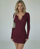 Bordeaux Mini Dress by Lauven showcasing a burgundy bodycon silhouette with deep V-neck and long sleeves.