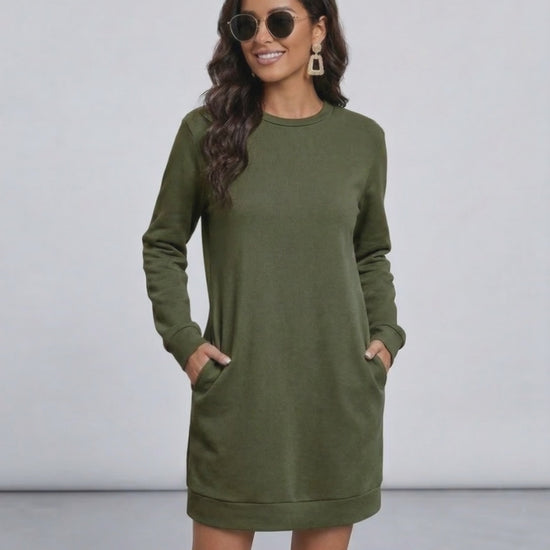 Celeste Mini Dress by Lauven - Olive Green Casual Sweatshirt Dress with Pockets and Relaxed Fit