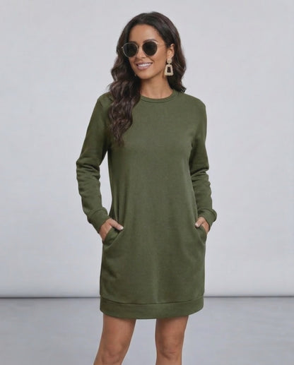 Celeste Mini Dress by Lauven - Olive Green Casual Sweatshirt Dress with Pockets and Relaxed Fit