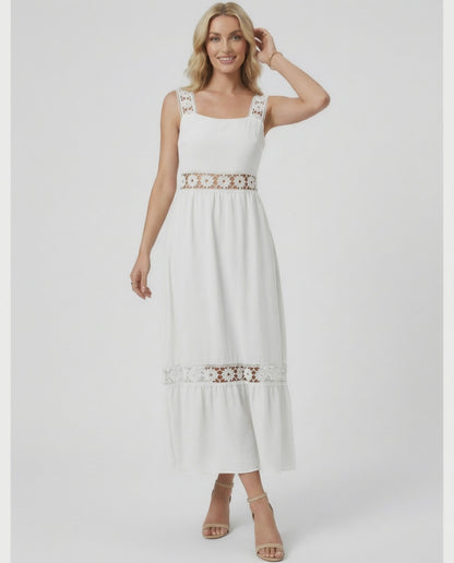 Lauven Seren Midi Dress features delicate lace insets perfect for spring and summer events.