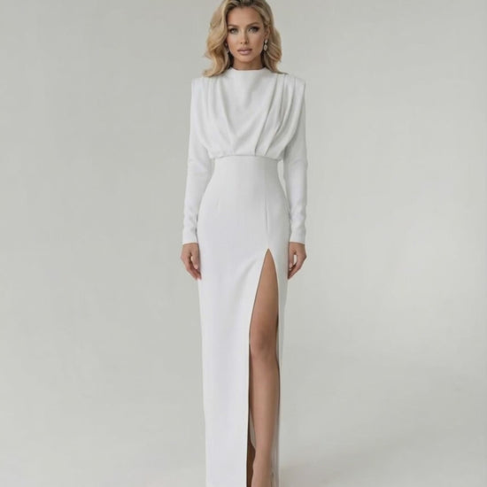Liora Maxi Dress by Lauven - Elegant white fit and flare dress with high side slit and long sleeves.