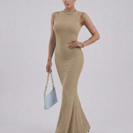Alina Maxi Dress by Lauven, beige sleeveless ankle-length pencil dress showcasing a slim fit silhouette.