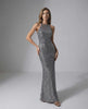 Orion Maxi Dress: Silver sequin dress with halter neck, sleek silhouette, by Lauven for an elegant evening look.