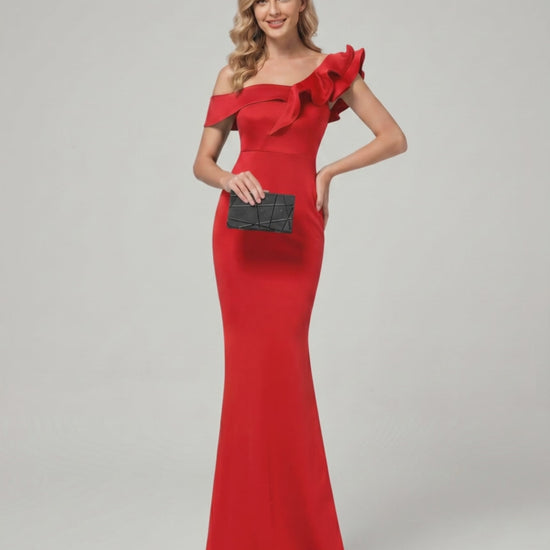 Velmora Maxi Dress featuring a mermaid silhouette, off-shoulder neckline, and ruffle detail by Lauven.
