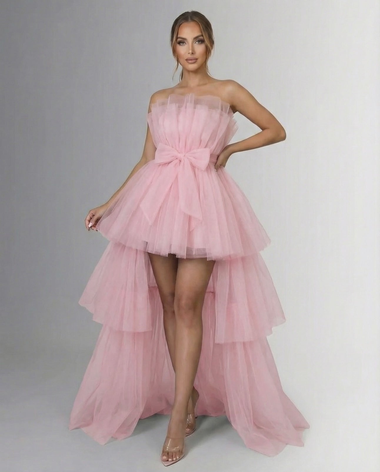 Seraphina Maxi Dress by Lauven - Elegant strapless tulle high-low gown in soft pink.