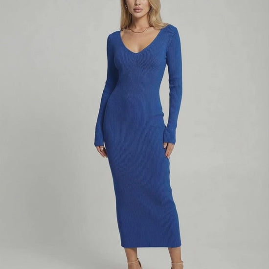 Maris Midi Dress - Elegant blue ribbed knit V-neck dress by Lauven, offering a flattering slim fit and stylish allure.