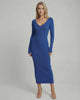 Maris Midi Dress - Elegant blue ribbed knit V-neck dress by Lauven, offering a flattering slim fit and stylish allure.